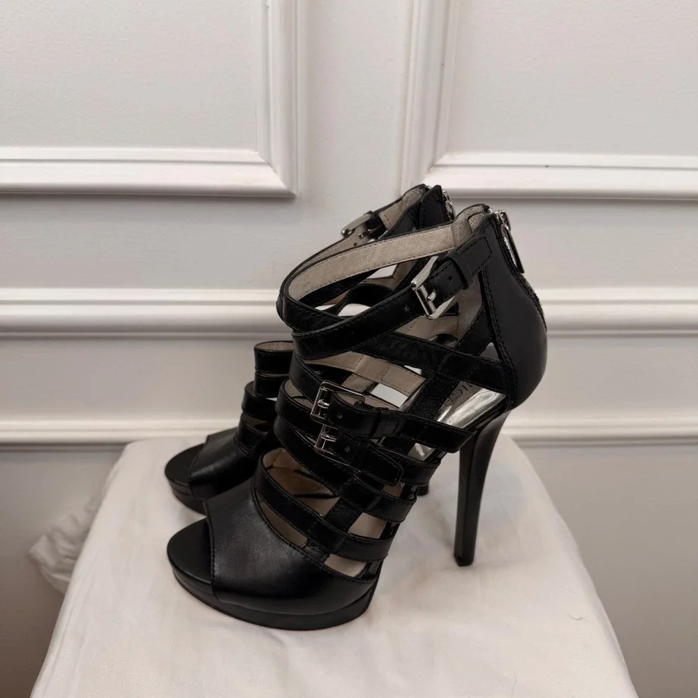 Michael Kors Black Leather Gladiator Buckle Platform Heels Sandals Womens 9M